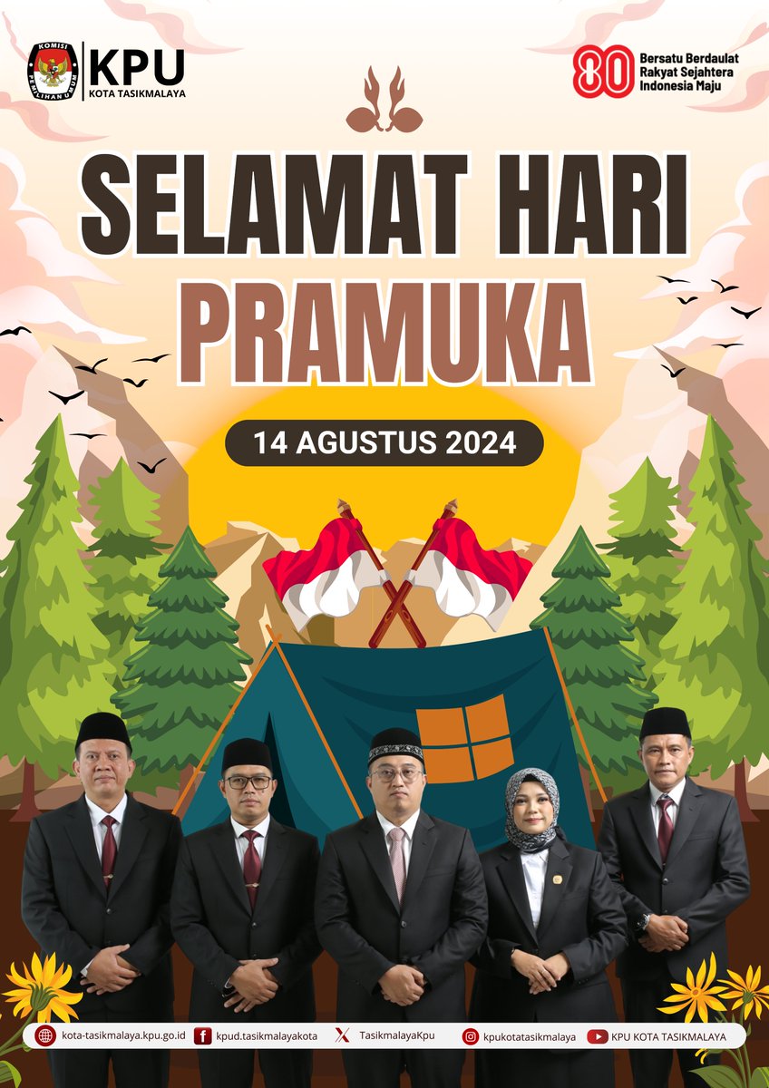 #Temanpemilih

Segenap jajaran KPU Kota Tasikmalaya mengucapkan Selamat Hari Pramuka ke-64 Tahun 2025.

"Wujudkan generasi muda yang tangguh, disiplin, dan berkarakter, siap mengabdi untuk kejayaan Indonesia. Jayalah Pramuka Indonesia"
.
.
#kpumelayani