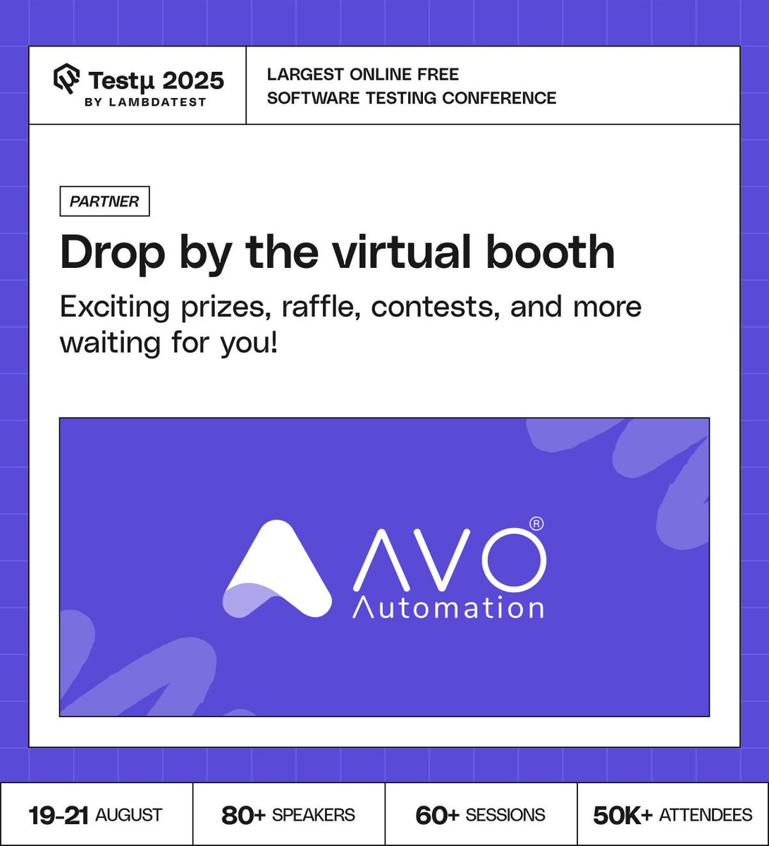 Automation28808's tweet photo. 🚀 Just 5 Days to Go!
 TestΜu Conference 2025 is almost here! 🎯
📅 When: 19–21 August 2025
📍 Where: TestΜu Conference — Avo Automation Booth
https://t.co/dJHOBTc42W
#TestMu2025 #AvoAutomation #TestAutomation #AI #NoCode #AmazonVoucher https://t.co/VvQMGGUXkO