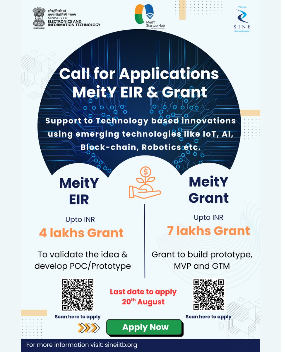 SINEIITB's tweet image. Applications Open: MeitY TIDE 2.0 – EiR &amp;amp; Grant Programs at SINE  SINE IITB is inviting applications for the MeitY TIDE 2.0 EiR and Grant program. Last date to apply: 20th August 2025   Learn more and apply at: sineiitb.org
