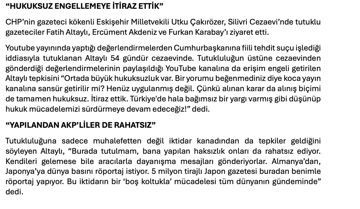 barispehlivan's tweet photo. CHP’nin gazeteci kökenli Eskişehir Milletvekili Utku Çakırözer, Silivri Cezaevi’nde tutuklu gazeteciler Fatih Altaylı, Ercüment Akdeniz ve Furkan Karabay’ı ziyaret etti. İşte o ziyaretten tutuklu gazetecilerin mesajları... https://t.co/3PidA5mGLg