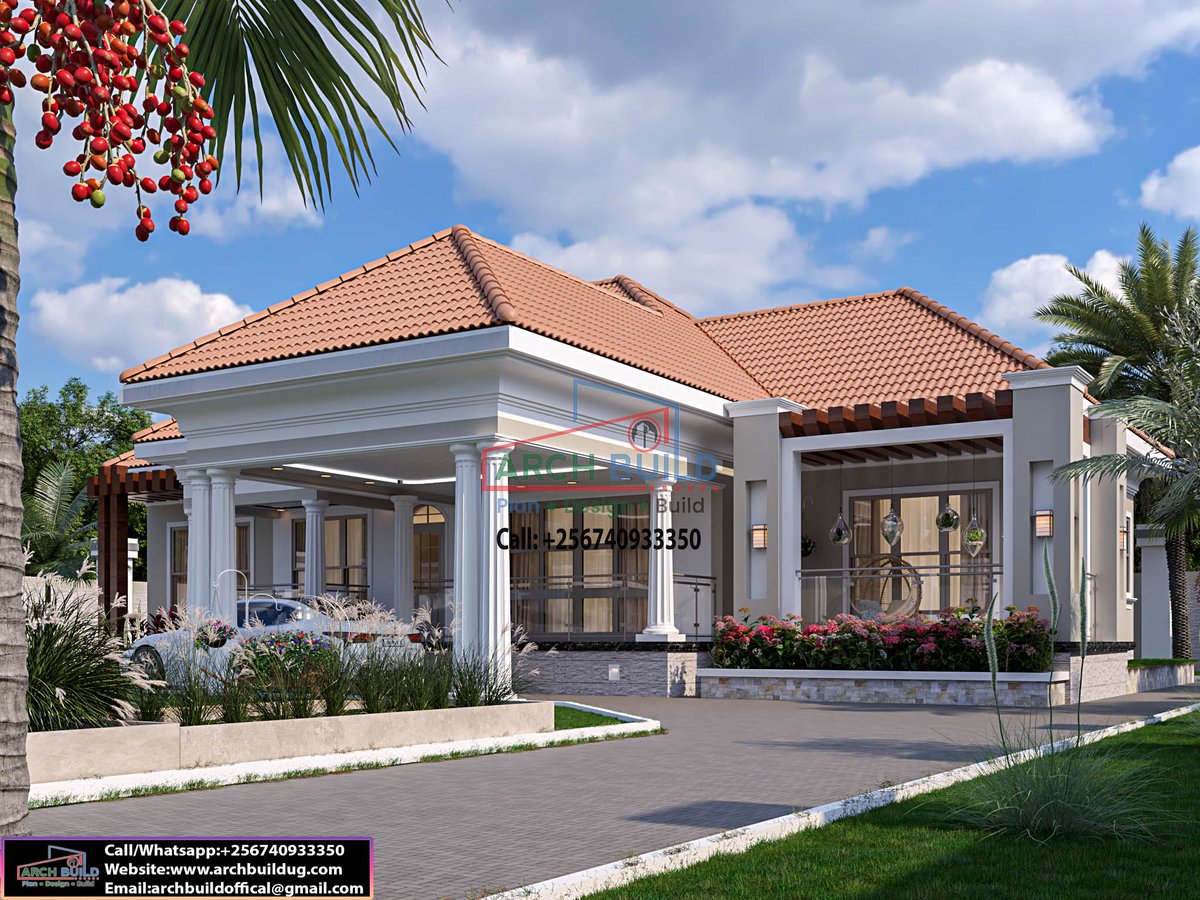 ArchBuildUg's tweet photo. 4-Bedroom house plan designed to fit on a plot of 100*100ft  
GROUND FLOOR  
• Sitting room  
• Outdoor lounge  
• Indoor dining  
• Open kitchen  
• Breakfast dining  
• Pantry  
• Laundry  
• Kitchen veranda  
• Visitors’ bedroom self-contained with a veranda  
• General bath  
• Master bedroom. 7* designed  
• Master balcony  
• Walk-in closet with his and hers  
• Master bath  
• Study/prayer room  
• Study room balcony  
• Boys’ bedroom self-contained   
• Girls’ room self-contained   
_______________________   
Plan Design Build    
__________________________________    
To get in touch with us,    
Call/WhatsApp: ￼⁨0740933350    
Email: archbuildoffical@gmail.com