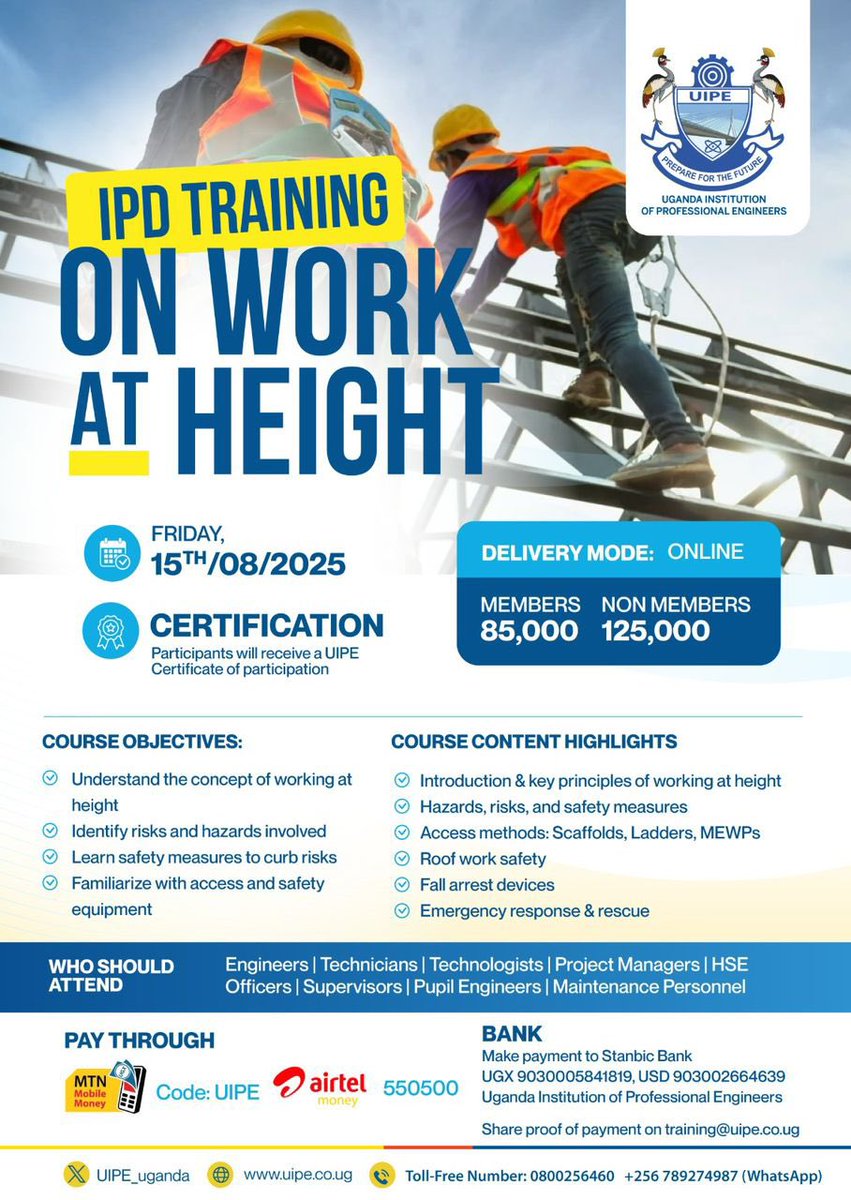 Afriendly reminder!

The Work at Height #UIPECPDTraining is tomorrow, 15th August 2025 Online

Register here: forms.gle/ZRiRRB9Qu7QvVZ…

#AEW2025Uganda
#UNESCOAEWAEC2025