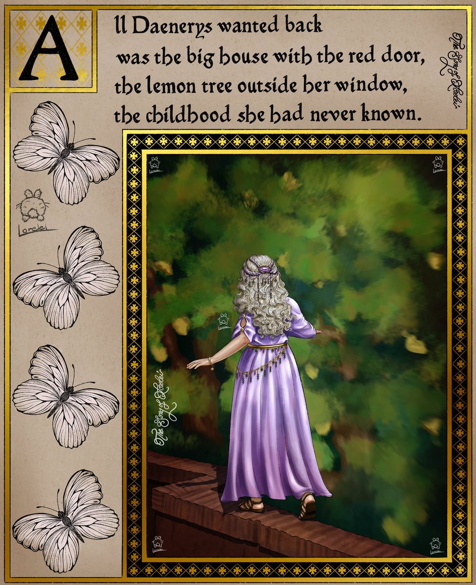 Daenerys between lemon trees. It was very important to me to show how young she truly is, she is a child not the grown woman she is often portrayed as. She is a child with so much on her shoulders, so young, yet she strives to bring good in this world. This is my tribute to her🩷