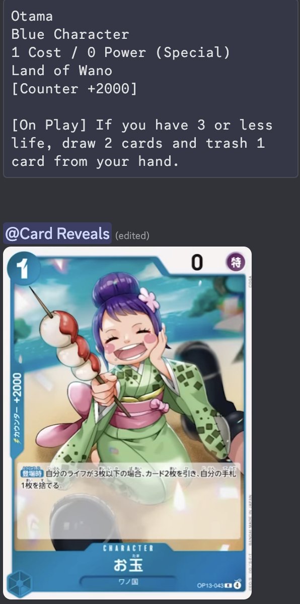 After years of restricting generic card draw to specific or multi-color leaders they print this Otama... what? Either Bandai intends to ban 03 Nami leader half a year before she rotates, either we play solitaire in OP13. Feels like a design room failure in both cases 🤔