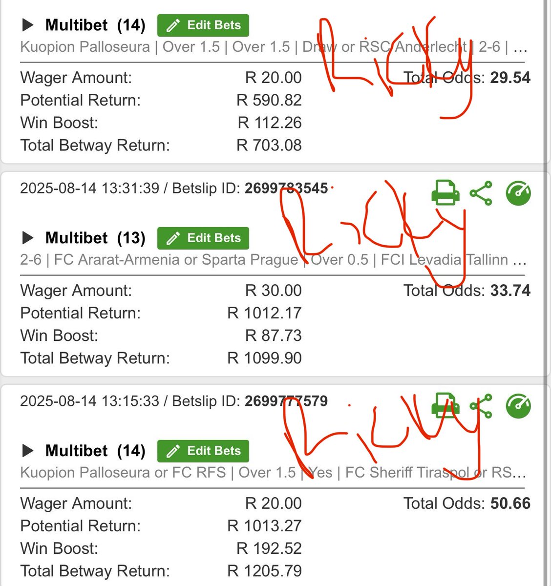 Europa League + Conference League.⚽️🏟️

Kick off: 17:00

Betslip code 👉🏾: BWA9FB07E

Betslip code 👉🏾: BWA9F863F

Betslip code 👉🏾: BWA9EE830