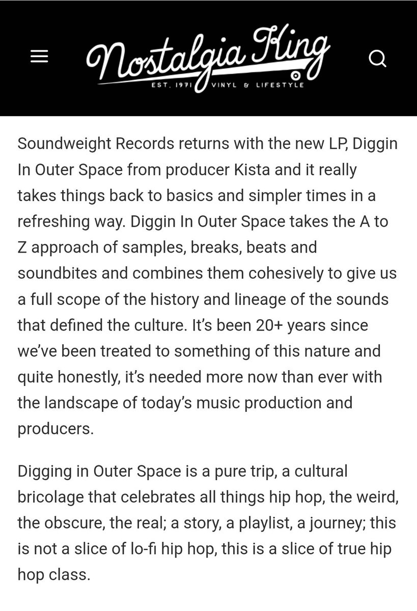 Kista - Diggin in Outer Space 

"It’s been 20+ years since we’ve been treated to something of this nature, and quite honestly, it’s needed more now than ever with the landscape of today’s music production and producers."  Nostalgia King