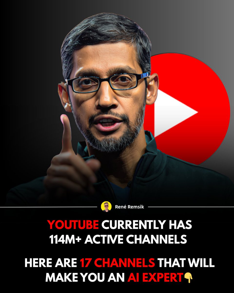 YouTube is the new FREE university for AI education

97% of people waste hours on useless content while smart ones learn from these channels

Here are 17 YouTube Creators that will make you an AI EXPERT👇