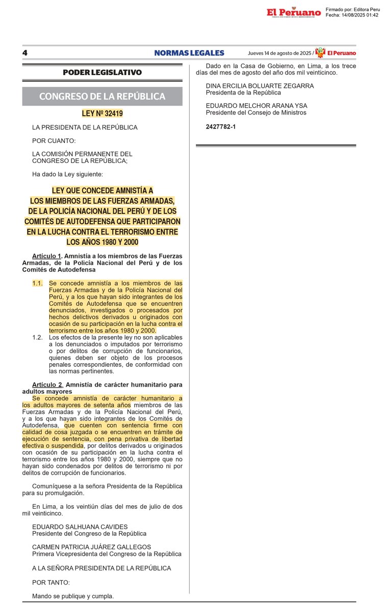 CarlosCaroCoria's tweet photo. 🔴 Ley N° 32419 de #amnistía para policías, militares e integrantes de Comités de Autodefensa. Vigente desde mañana. Una norma  inconstitucional/anticonvencional porque viola el deber del Estado de perseguir y, de ser el caso, sancionar los delitos graves que violan DDHH.

1️⃣ Se impone la amnistía (olvido del delito, el hecho no sucedió, no hay pena ni reparación a las víctimas) para los miembros de las FFAA, PNP y comités de autodefensa denunciados, investigados o procesados por delitos vinculados a la lucha contra el terrorismo (1980-2000). También favorece a los condenados mayores de 70 años. No rige si el potencial favorecido (amnistiado) está procesado por terrorismo o corrupción de funcionarios.

2️⃣ Claramente es una #leydeimpunidad. Ya la sentencia de la Corte Interamericana de Derechos Humanos del #casoLaCantuta vs. Perú, de 14.3.2001, estableció que "las leyes de amnistía Nº 26479 y Nº 26492 son incompatibles con la Convención Americana sobre Derechos Humanos y, en consecuencia, carecen de efectos jurídicos".

3️⃣ Sin embargo, muchos militares y policías reclaman con justicia el archivamiento de procesos que vienen enfrentando por 15, 20 y hasta 30 años, luego de 2, 3 y hasta 4 anulaciones de sentencias absolutorias o sobreseimientos. Pero no se necesita para ello una Ley de amnistía.

4️⃣ En la mayoría de esos casos la acción penal ha prescrito. Es más, procesamientos indefinidos, la permanente sospecha, viola flagrantemente el derecho a ser juzgado en un plazo razonable. Precisamente ello es materia de la demanda de inconstitucionalidad (exp. N° 0009-2024-PI/TC) seguida ante el Tribunal Constitucional del Perú contra la Ley N° 32107, sólo pendiente de sentencia. Si el TC declara infundada la demanda, la mayoría de casos contra policías y militares concluirán de inmediato por prescripción.

5️⃣ Mientras tanto, es altamente probable que los jueces inapliquen la ley amnistía por inconstitucional/anticonvencional (control difuso/de convencionalidad). El TC y la CorteIDH tendrán la definición final.