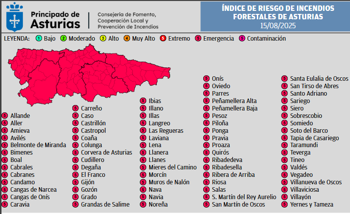 ⚠️Índice de Riesgo de Incendios Forestales en #Asturias viernes 15 de agosto

‼️RIESGO EXTREMO DE #IIFF‼️

⛔️🔥Prohibidas todas las quemas

👨‍💻Consulta normativa vigente
sede.asturias.es/bopa/2024/09/2…