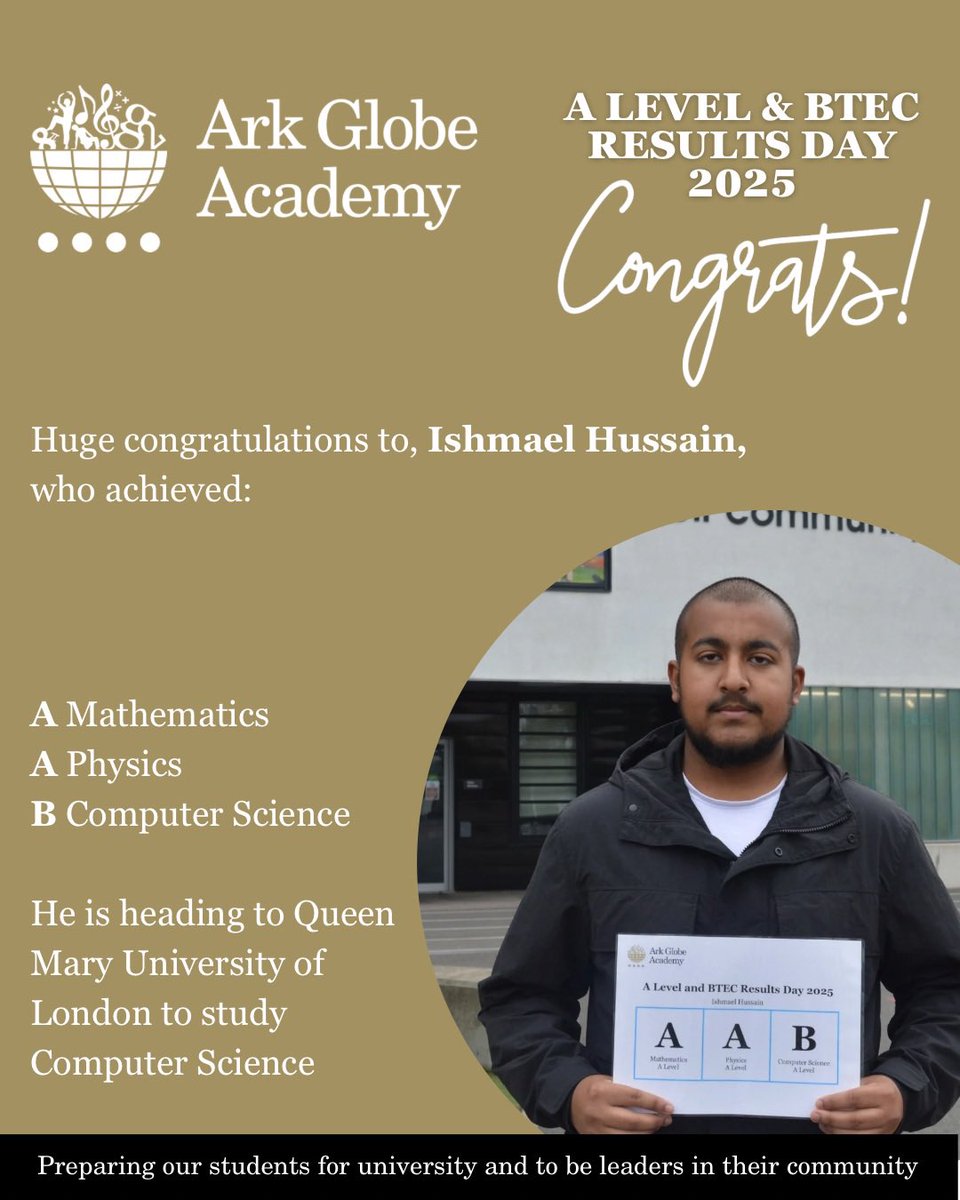 Ark Globe Academy (@arkglobeacademy) on Twitter photo Congratulations to Ishmael who got A, A, B and will study Computer Science at <a href="/QMUL/">Queen Mary University of London</a>
#ALevelResults #ALevelResultsDay2025 #ResultsDay2025 <a href="/ArkSchools/">Ark Schools & Ventures</a> <a href="/MattJones_Globe/">Matt Jones</a> Congratulations to Ishmael who got A, A, B and will study Computer Science at <a href="/QMUL/">Queen Mary University of London</a>
#ALevelResults #ALevelResultsDay2025 #ResultsDay2025 <a href="/ArkSchools/">Ark Schools & Ventures</a> <a href="/MattJones_Globe/">Matt Jones</a>
