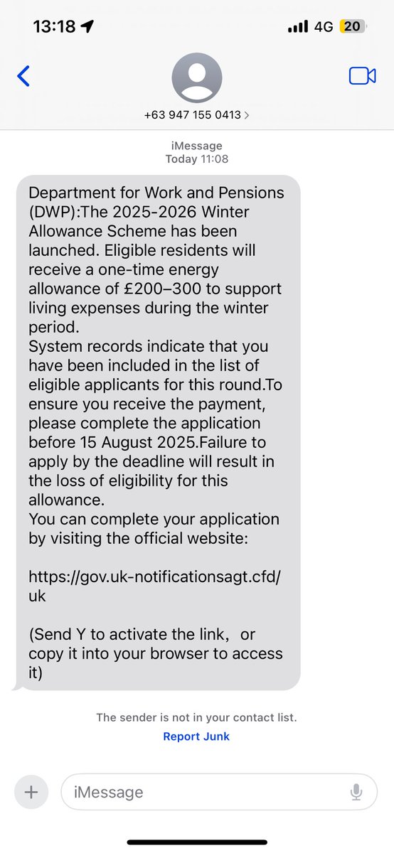 Fraudsters are sending texts claiming to be from DWP about a “Winter Allowance Scheme” asking you to click suspicious links. This is NOT genuine, the DWP will never contact you this way

Check on older neighbours who may be more at risk, report it here: gov.uk/report-suspici…