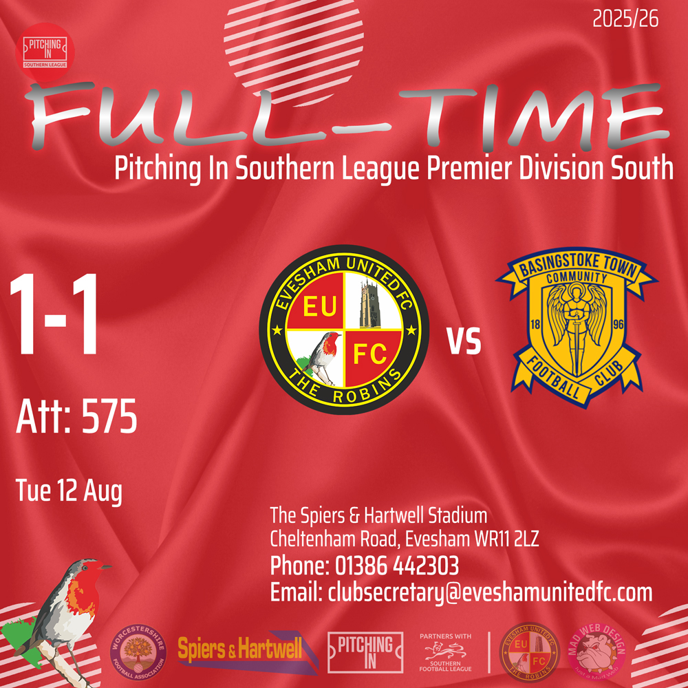 🗣️📝 Match Report⤵️

⚽️ Evesham United 1-1 Basingstoke Town
(Wright 66') (Gallagher 5')
Att: 575

📆 Tue 12 Aug 🏆 <a href="/SouthernLeague1/">The Pitching In Southern Football League</a>

🌐 news.eveshamunitedfc.com/2025/08/14/rob…

🔴⚪️#TheRobins