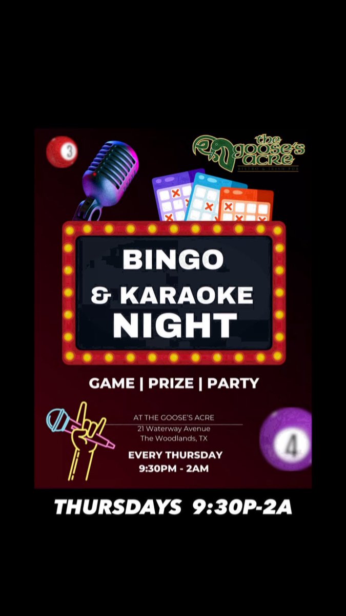 #Thursday at #TheGoose
Select #Appetizers Special
Until 7P  *Dine-In Only Offer*

#LiveAcoustic  🎸 6P-9P

FREE #Bingo w/DJ Socialite followed by #Karaoke 9:30P-2A
Fun #Prizes Lucky Winners

thegoosesacre.com 

#WaterwayDining #WoodlandsTX #SpringTX #ConroeTX #IrishPub