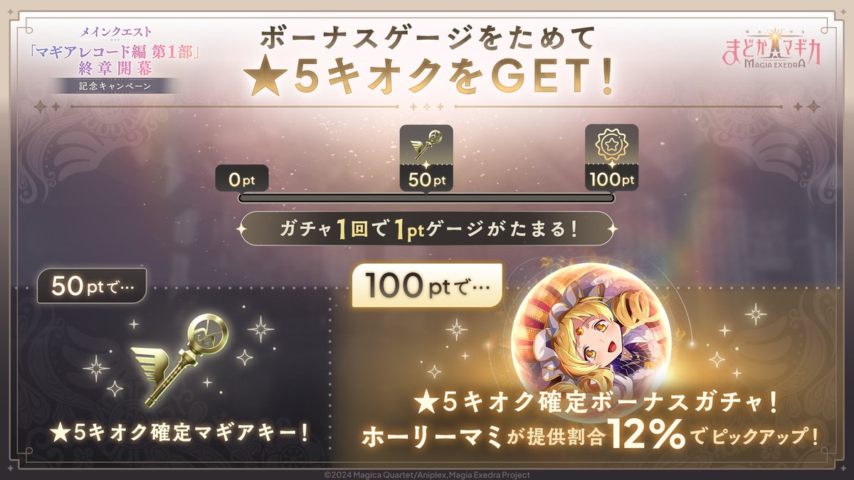 madoka_exedra's tweet photo. ✦•┈┈┈┈┈┈•✶• ┈┈┈┈┈┈•✦
ボーナスゲージ付きのガチャ登場！
✦•┈┈┈┈┈┈•✶• ┈┈┈┈┈┈•✦
8/15(金)12:00より、ボーナスゲージ付きのガチャが登場！
ガチャを引くとたまるptで★5確定でゲット!

100ptで回せる★5キオク確定のボーナスガチャは
ホーリーマミが12%の提供割合でピックアップ！

#まどドラ #まどドラ生放送