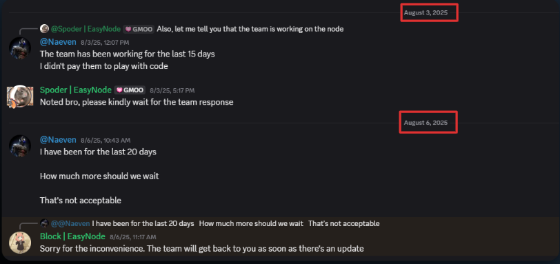 Naeven_0's tweet photo. Last month, I deployed my Boundless Protocol prover node via @easynodexyz on 14 July

After running it for over a week, my prover didn’t lock a single order, I started posting about this on X, but the team never responded

A week later, I went to their Discord to ask about the situation

A mod told me “the team will respond soon”, but there was still no update, I kept asking, and every time the response was essentially “please wait”

Yesterday, the team finally responded saying they had optimized the node and it was now locking orders

But since my subscription started on 14 July, I told them there was no point running it now

They offered me a 1-week extension, but I made it clear that I would still post about this on X unless they themselves made a public post updating the whole community as a lot guys were suffering 

The purpose of this post is simple:

We all deserve a refund because:
> We invested to participate in the prover campaign, but missed the opportunity due to the issue
> Easynode is not new in the space, they’ve been around for years and should have handled this better

That said, I do want to acknowledge that the team and mods have always responded politely