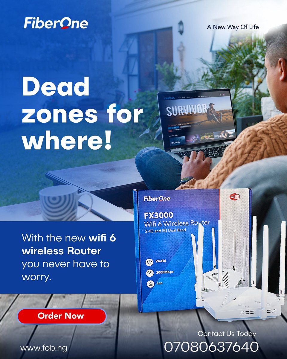 FOBroadband's tweet photo. Dead zones? Never heard of them!
With our new WiFi 6 Wireless Router, you can stream, work, and connect seamlessly anywhere in your home.
#FiberOnebroadband #Wifi6 https://t.co/3dZQkHcT46