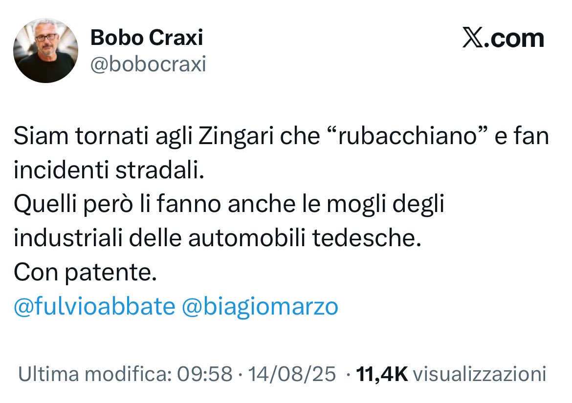 Francesca Totolo (@fratotolo2) on Twitter photo Scusi <a href="/bobocraxi/">Bobo Craxi</a>, la “moglie dell’industriale tedesco” aveva rubato l’auto, era scappata, non aveva la patente, non ha subito collaborato con le Forze dell’ordine? Scusi <a href="/bobocraxi/">Bobo Craxi</a>, la “moglie dell’industriale tedesco” aveva rubato l’auto, era scappata, non aveva la patente, non ha subito collaborato con le Forze dell’ordine?