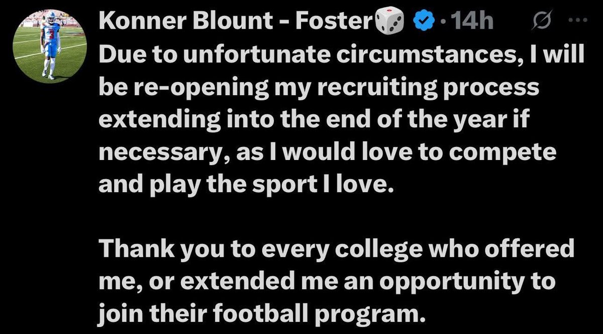 GM☀️ If anyone knows of any college football programs looking for a student athlete available immediately, please let us know. Our son, <a href="/ogscrappy/">Konner Blount - Foster🎲</a>, is a grad transfer with 2 years of eligibility. He has D1 experience and plays WR, RB, KR, PR, DB. Please feel free to reach out.