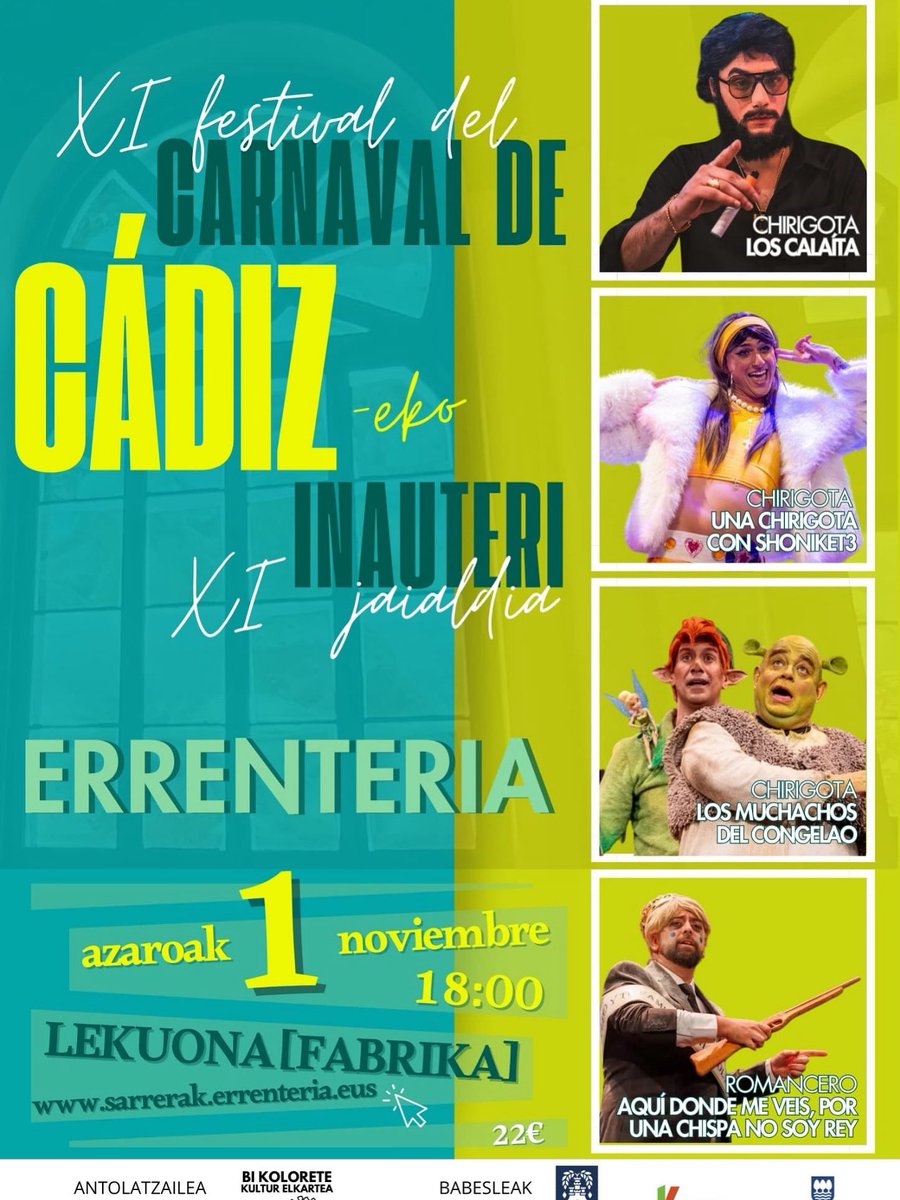 lachiripibes's tweet image. 📍| Errenteria (Guipúzcoa) - Lekuona Fabrika 
🗓️| Sábado 1 de noviembre 
🕒| Desde las 18:00 
🎟️| sarrerak.errenteria.eus/chirigotas