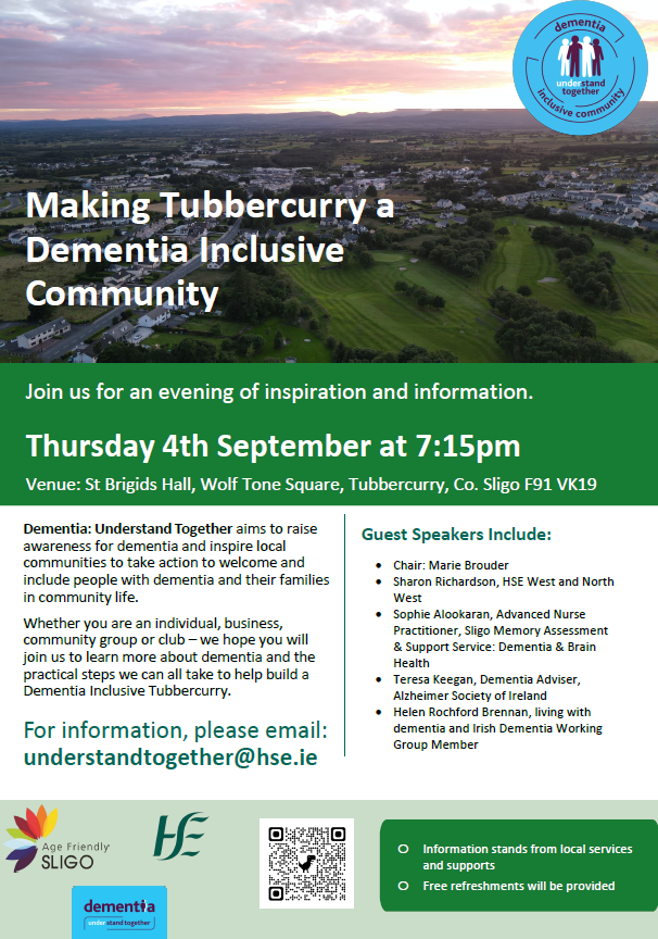 dementia_office's tweet photo. Come along for an evening of inspiration, info &amp; practical steps to create a dementia friendly Tubbercurry for people living with dementia &amp; their families. @AgeFriendlyIrl 

📅 Thurs 4 Sept | 🕖 7:15pm
📍 St Brigid’s Hall, Tubbercurry, Co. Sligo https://t.co/v4sq4hBvVw