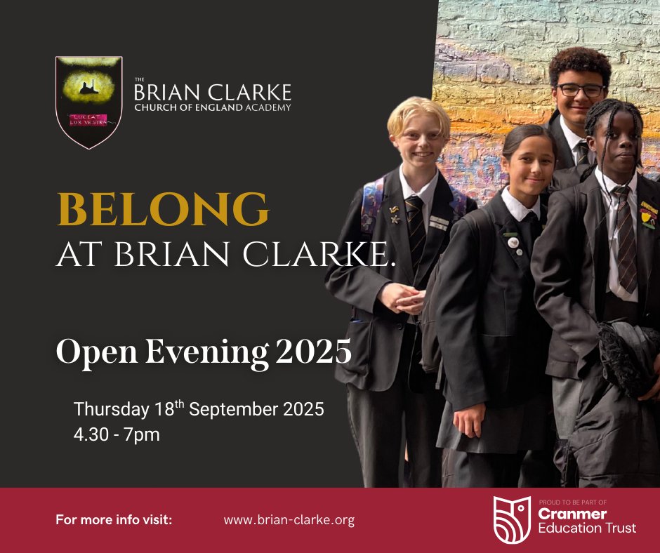 Our next open evening will be on Thursday 18th September, 4.30 - 7pm.   Meet curriculum and pastoral leaders, explore subjects covered in Key Stage 3 &amp; 4, and have a tour of The Brian Clarke Academy.   Register now: ticketsource.co.uk/the-brian-clar… #openevening #letyourlightshine