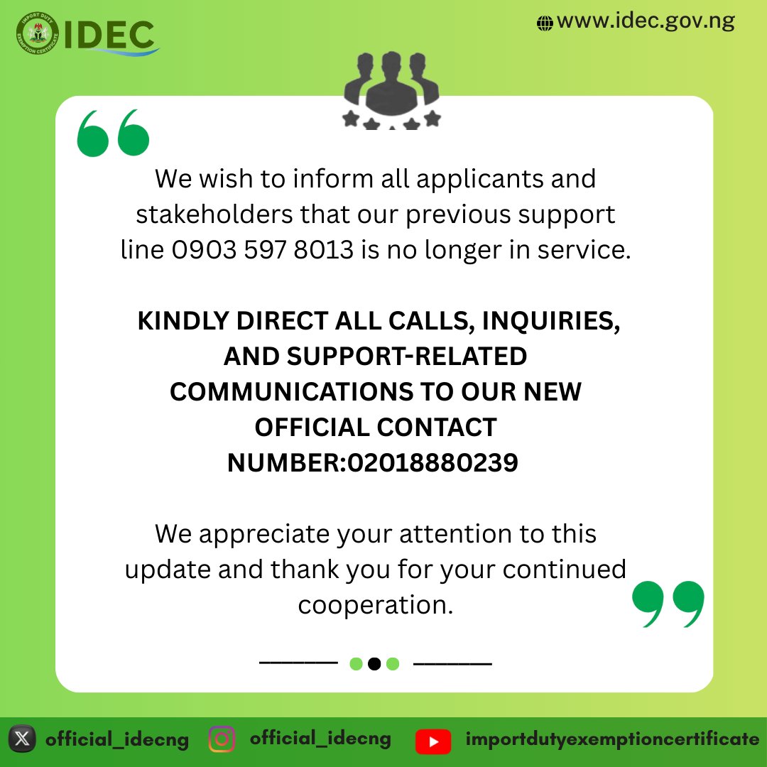 OFFICIAL_IDECNG's tweet photo. We wish to notify all applicants and stakeholders that our former support line 0903 597 8013 is no longer active.
For all calls, inquiries, and support-related matters, please contact us via our new official number: 0201 888 0239.
Thank you for your attention to this update ... https://t.co/kdKfW8grh2