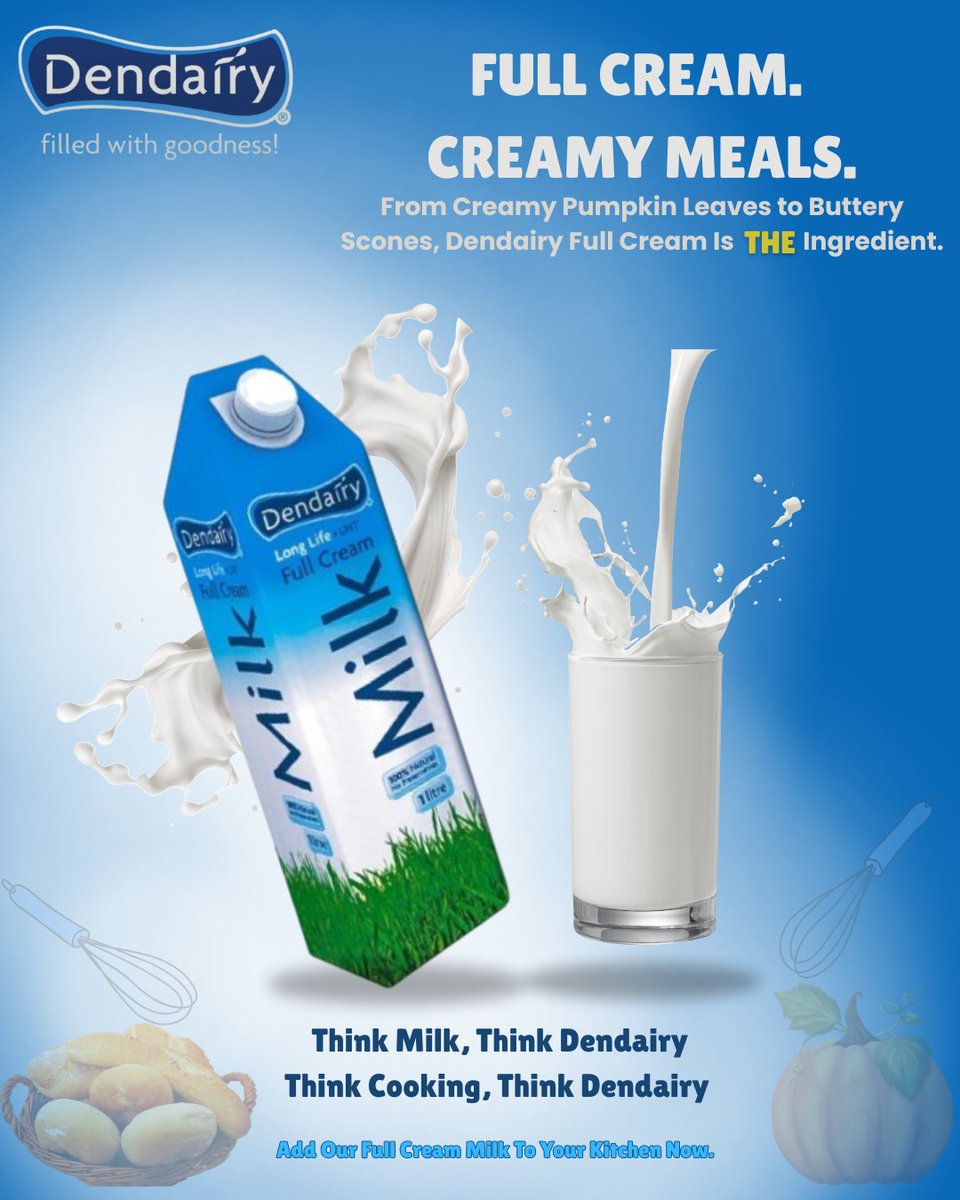 COPY 2

"Sip it, Cook it, Bake it. From Rich, Creamy Pumpkin Leaves to Buttery Scones, Deindairy Is THE ingredient. Filled with Goodness, it makes every meal unique. Rich in Calcium and Vitamin D for healthy bones.

Add Dendairy Full Cream Milk To Your Grocery List Today!"