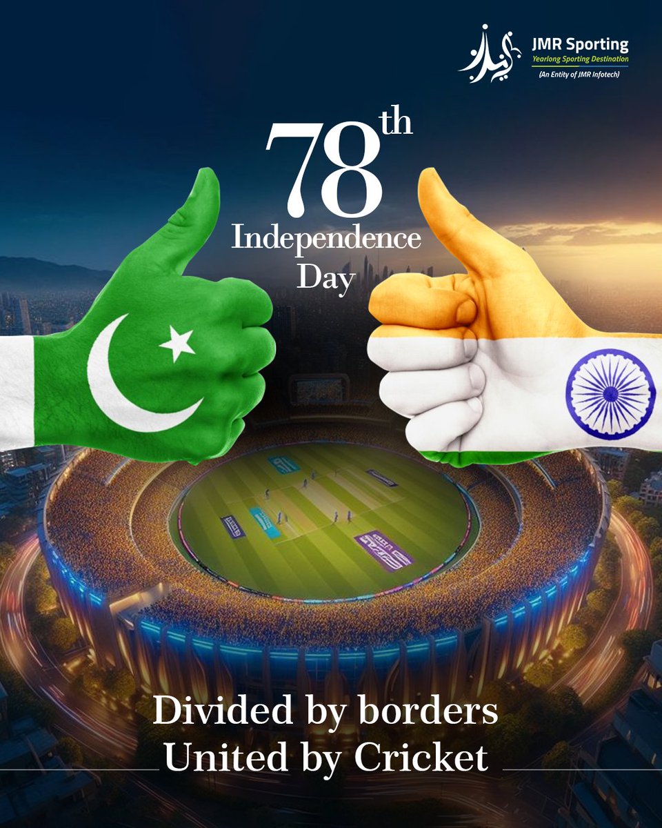 jmrsporting's tweet photo. 🏏 Cricket knows no borders.
On the 78th Independence Day of 🇮🇳 &amp; 🇵🇰, we celebrate the spirit that unites us — the game we all love. 
.
#UnitedByCricket #IndependenceDay #BeyondBorders
#CricketFever #jmrsporting #ViratKohli #RohitSharma #AsiaCup2025 #AsiaCup #cricket #jmrground https://t.co/ooy5BuYVoP