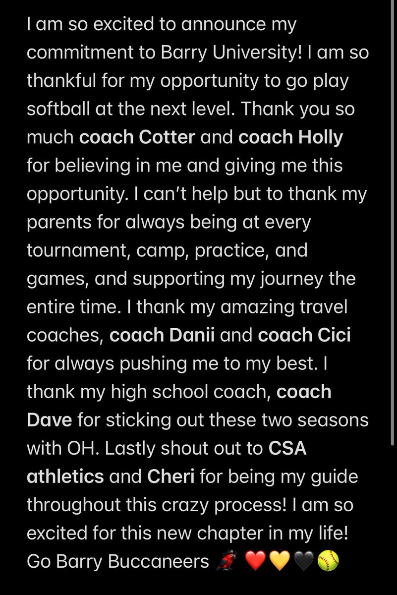 LexGleichenhaus's tweet photo. I am so excited to announce my commitment to Barry University!! ❤️🖤
@CSA_Athletes @legacysoftball_ #teamtogether #WeoverMe #faithoverfear #committed #classof2026 https://t.co/tz10wS785F