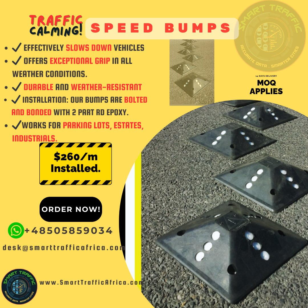 AUSmartTraffic's tweet photo. Regulate Traffic Speed Efficiently with our Sturdy Rubber Speed Bumps. Built with Virgin Rubber to Decrease Noise on Impact. These Devices are Part of Our TrafficCalming Solutions, Suitable for Installation in Parking Lots, Shopping Malls, Road Blocks, Estates. #TrafficSolutions https://t.co/T2iU84K67u