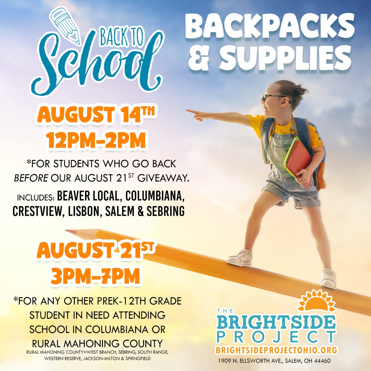🎒 SPECIAL BACKPACK &amp; SUPPLIES GIVEAWAY TODAY! ✏️

📅 TODAY, AUGUST 14 | 12PM–2PM
For students who go back BEFORE our August 21st giveaway.
✅ Includes: Beaver Local, Columbiana, Crestview, Lisbon, Salem &amp; Sebring ONLY.

#bethebrightside 🌞💙🧡