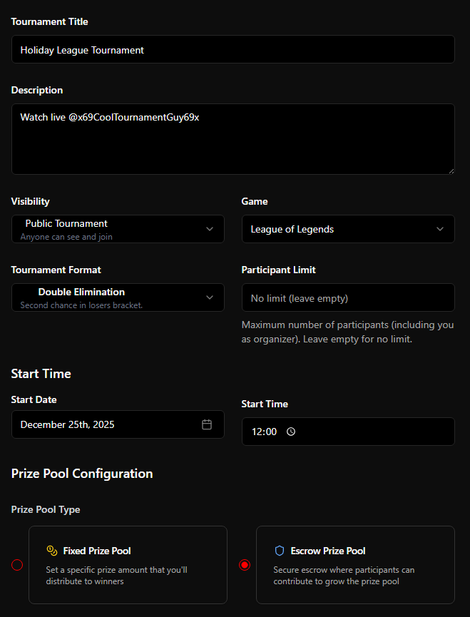 H1Tpro's tweet photo. It takes seconds to create a tournament on https://t.co/ACDI6G0O43. 

⚫ Instant onchain prize pool/ distribution 
⚫ Easy to use bracket/ scoring systems
⚫ AI tournament assistent
⚫ Grow your online/ onchain reputation
⚫ Free to play/ no subscriptions https://t.co/BIufwAEmrz