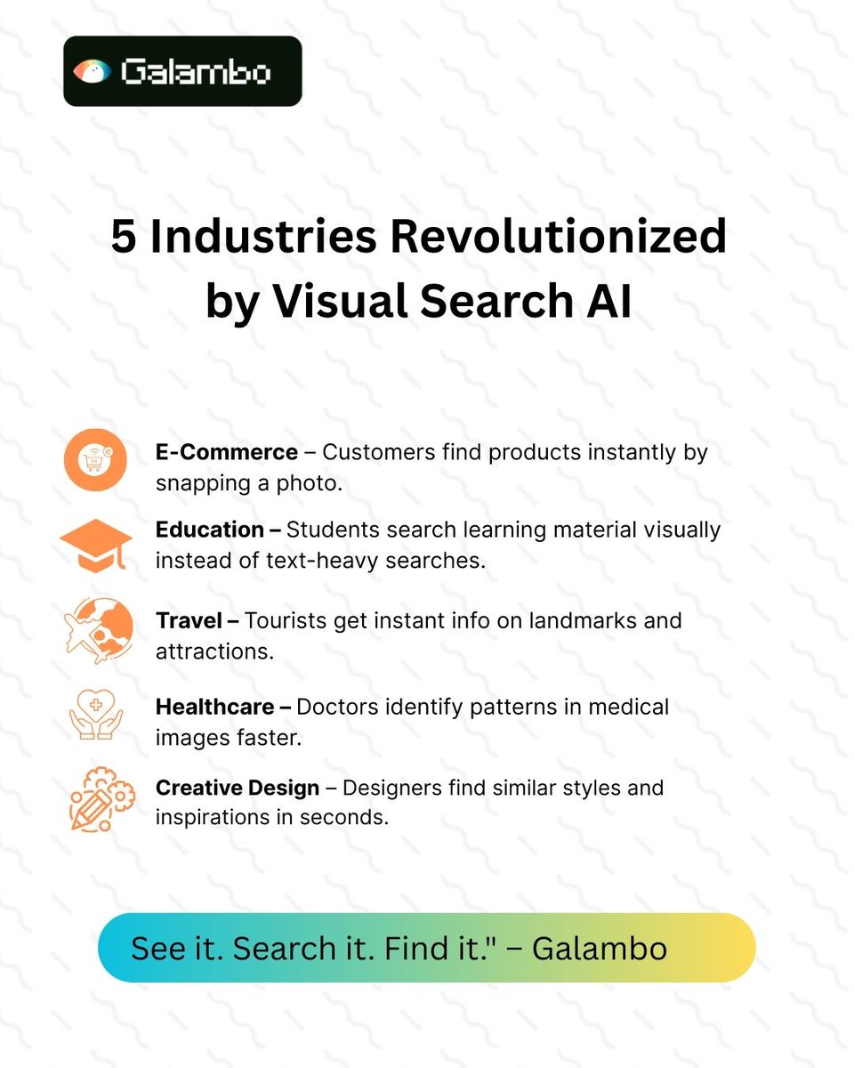 GalamboAI's tweet photo. Snap → Search → Discover.
Because when images become as searchable as text, possibilities become limitless.
#ai #VisualSearch #Galambo #TechInnovation #SearchReimagined #DeepSearch #ProductDiscovery #FutureOfSearch #ComputerVision #ArtificialIntelligence #B2B #b2c #digitalfirst https://t.co/GN2yGOstjJ