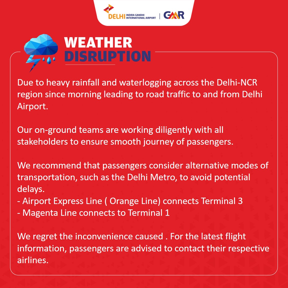 Passenger Advisory issued at 17:18 Hours

#DelhiAirport #PassengerAdvisory #DELAdvisory