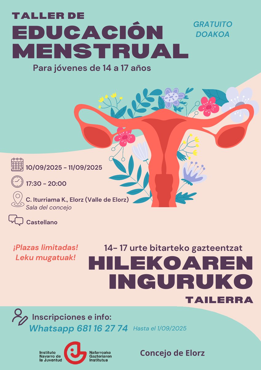 🟢 VALLE DE ELORZ: ¡Inscríbete en el taller de Educación Menstrual"!

📆 10 y 11 de septiembre
🕐 17:30-20 h.
📍 Concejo de Elorz (C/ Iturriana)

👉 ¿Cómo? Hasta el 1 de septiembre llamando al teléfono 681 16 27 74

#EducaciónMenstrual #HezkuntzaMenstruala #Juventud #Navarra