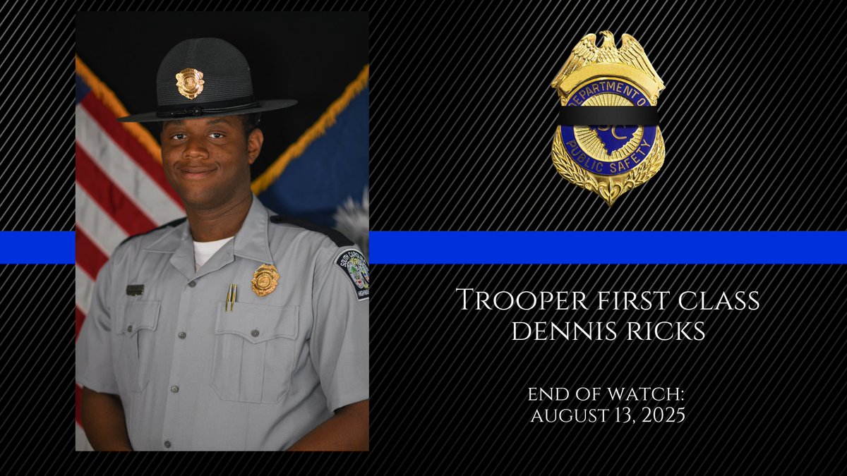 SCDPS (@thescdps) on Twitter photo It is with deep sadness that SCDPS announces the loss of one of our own, Trooper First Class Dennis D. Ricks. TFC Ricks passed away Wednesday night, nearly four days after being hit by a vehicle while performing a traffic stop in Orangeburg County. A graduate of SCHP Class 123 in It is with deep sadness that SCDPS announces the loss of one of our own, Trooper First Class Dennis D. Ricks. TFC Ricks passed away Wednesday night, nearly four days after being hit by a vehicle while performing a traffic stop in Orangeburg County. A graduate of SCHP Class 123 in