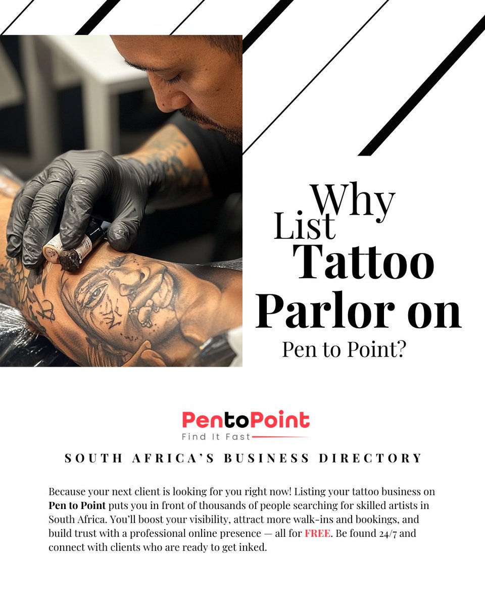 pentopoint's tweet photo. More Visibility. More Clients.
𝐎𝐰𝐧 𝐚 𝐭𝐚𝐭𝐭𝐨𝐨 𝐩𝐚𝐫𝐥𝐨𝐫?  List it for 𝐅𝐑𝐄𝐄 on 𝐏𝐞𝐧 𝐓𝐨 𝐏𝐨𝐢𝐧𝐭 and connect with people searching for talented artists in South Africa.
Your next client is just a search away — get listed today!
https://t.co/bfjazVVwu6

#tattoo https://t.co/cXRRQH7xnX