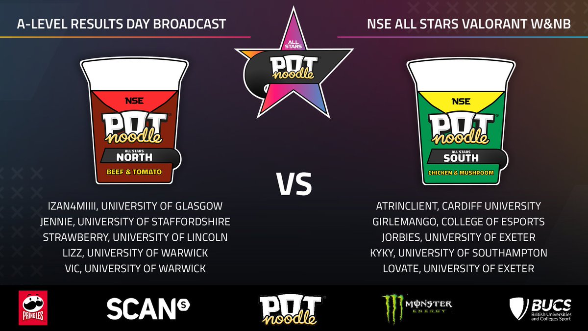 National Student Esports (@nse_gg) on Twitter photo ๐ We are LIVE and underway with our second match-up of the day!
Beef & Tomato | NORTH โ๏ธ Chicken & Mushroom | SOUTH
๐ช <a href="/PotNoodle/">Potty Noods</a> #WNBVALORANT University All Stars is going to be a spicy one! #alevels2025
๐บ LIVE NOW: twitch.tv/nse_gg ๐ We are LIVE and underway with our second match-up of the day!
Beef & Tomato | NORTH โ๏ธ Chicken & Mushroom | SOUTH
๐ช <a href="/PotNoodle/">Potty Noods</a> #WNBVALORANT University All Stars is going to be a spicy one! #alevels2025
๐บ LIVE NOW: twitch.tv/nse_gg