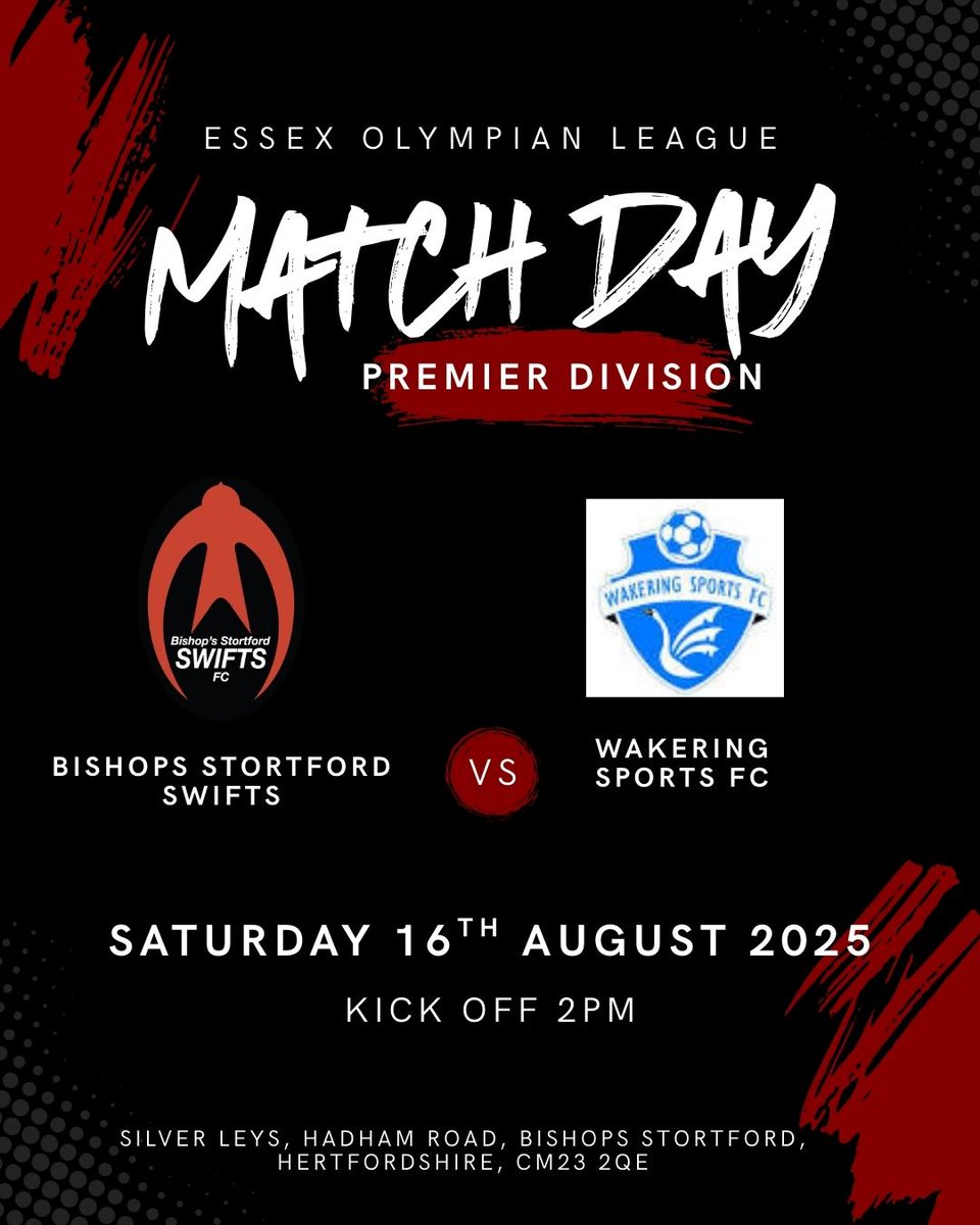 This coming Saturday we welcome <a href="/WakeringSports1/">Wakering Sports 1sts</a> to Silver Leys in the <a href="/eofl/">eofl</a> Premier Division. Both teams will be looking to get their first win of the season with <a href="/greggpike79/">Gregg Pike 🏴󠁧󠁢󠁥󠁮󠁧󠁿</a> Swifts team looking to bounce back from last weeks thriller 🔴⚫️🔴
Clubhouse and bar open from 12:30pm