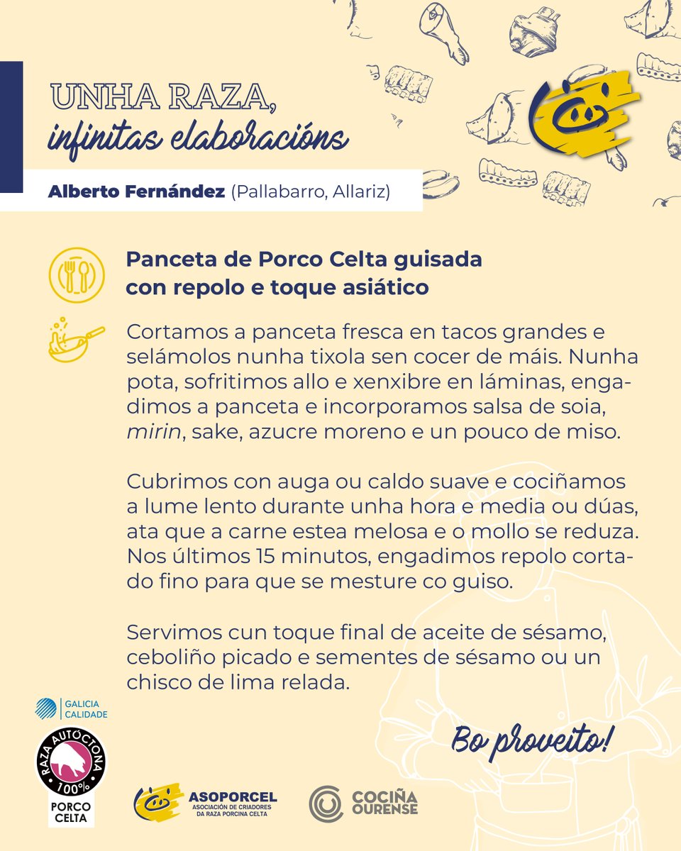 😋🐽 𝗥𝗘𝗖𝗘𝗜𝗧𝗔𝗦 𝗖𝗢𝗡 𝗣𝗢𝗥𝗖𝗢 𝗖𝗘𝗟𝗧𝗔 😋🐽

🥩 Panceta de Porco Celta guisada con repolo e toque asiático
👨‍🍳 Alberto Fernández (Pallabarro, Allariz)

✅ Unha raza, infinitas elaboracións!

#PorcoCelta #InfinitasElaboracións