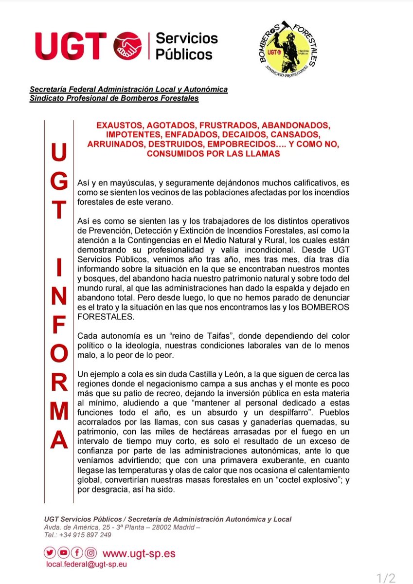 ugtbomberofores's tweet photo. Desde @ugtbomberofores llevamos años y meses, denunciando la situación laboral en la que estamos lxs #BBFF y advirtiendo de que esto podría pasar.... QUEREMOS DIMISIONES EN LAS CC.AA. que son las competentes en materia de 🚒 🔥🚁 y han estado gestionando este despropósito https://t.co/4iNMp09lBc