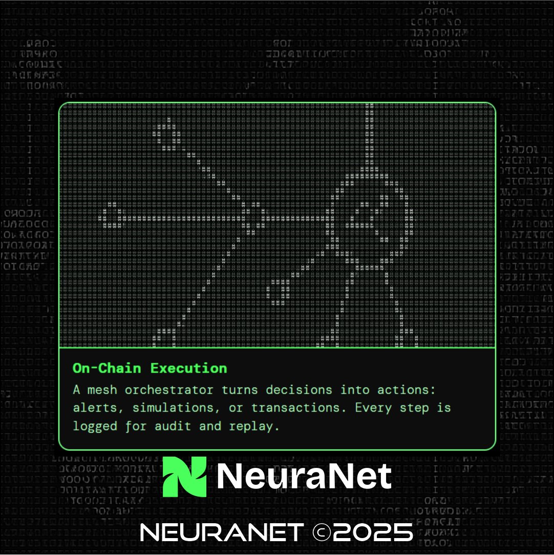 neuranetwork's tweet photo. On-Chain Execution: $NEURA turns decisions into real actions — alerts, simulations, and transactions — all fully logged for audit and replay https://t.co/tUWKN5naKE