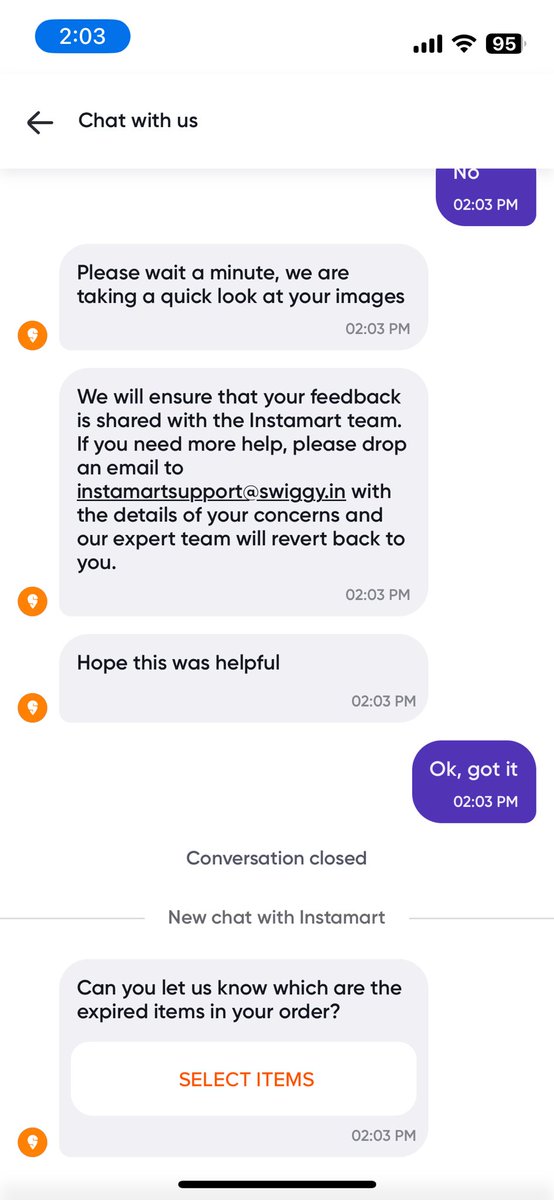 vijeeesh's tweet photo. @SwiggyInstamart 

I received an expired product, and the support chat was unhelpful. After I provided an image, the chat was closed with a note saying they would “take the feedback.” This does not address my concern — I require proper support and a resolution to this issue. https://t.co/sRRjAkvf6b