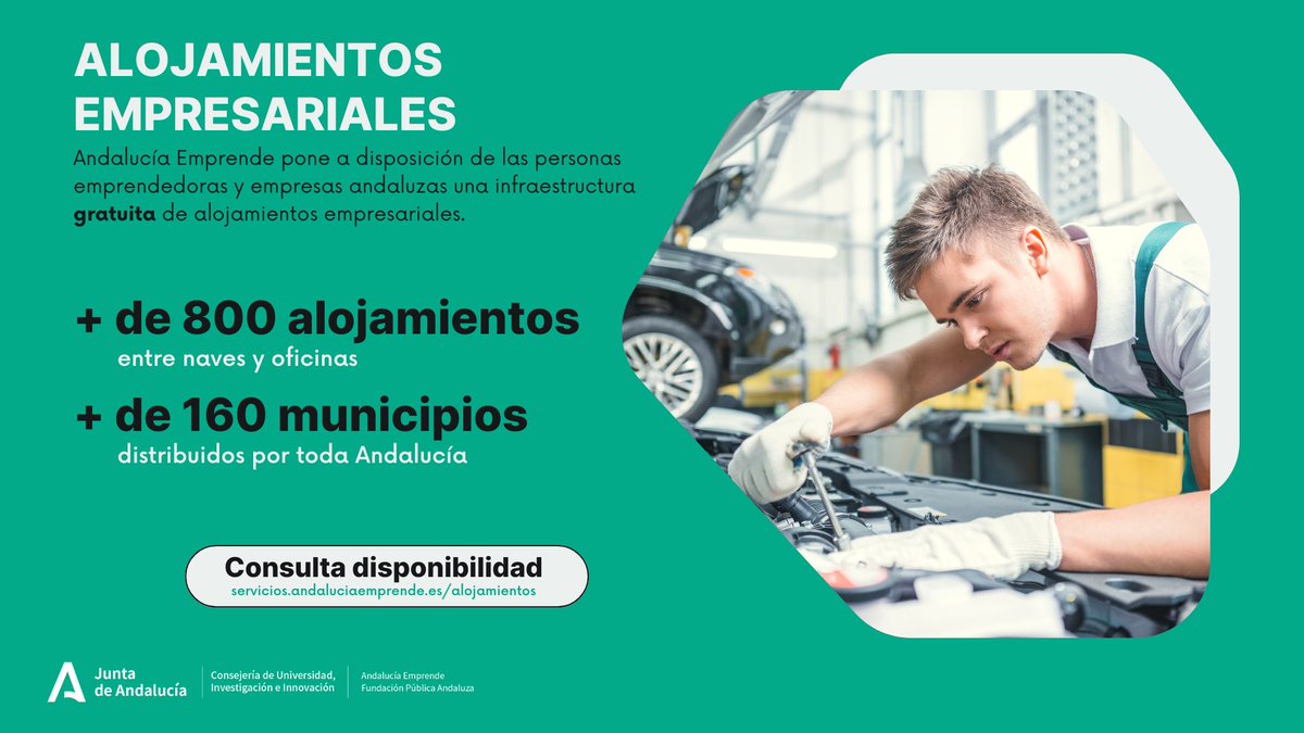 🏢 ¿Buscas espacio para tu negocio en #Andalucía?

🟡🟢Andalucía Emprende pone a tu disposición +800 alojamientos gratuitos (naves y oficinas) en +160 municipios para personas emprendedoras y empresas andaluzas.

🔍 Consulta disponibilidad: bit.ly/3A9RKse

#EmprendeAND