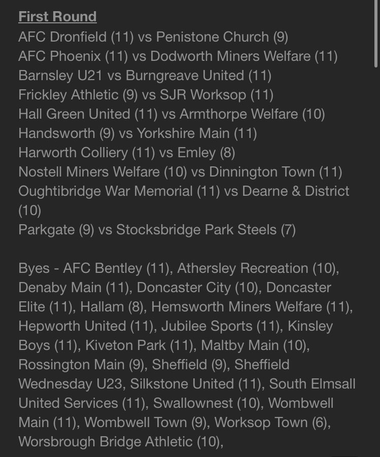 Lee H (@kivolee) on Twitter photo Draw for the first round of the <a href="/SHCFA/">Sheffield FA ⚽️</a> Senior Cup has been made - chuffed to see <a href="/KivetonParkFC/">Kiveton Park FC</a> in there for the first time in 12 years. If it’s a sequential draw, they’ll play <a href="/worksoptownfc/">Worksop Town FC</a> in round 2 👀
<a href="/thewelfare/">Armthorpe Welfare FC</a> in too - looks like they’ve moved from the West Riding FA Draw for the first round of the <a href="/SHCFA/">Sheffield FA ⚽️</a> Senior Cup has been made - chuffed to see <a href="/KivetonParkFC/">Kiveton Park FC</a> in there for the first time in 12 years. If it’s a sequential draw, they’ll play <a href="/worksoptownfc/">Worksop Town FC</a> in round 2 👀
<a href="/thewelfare/">Armthorpe Welfare FC</a> in too - looks like they’ve moved from the West Riding FA