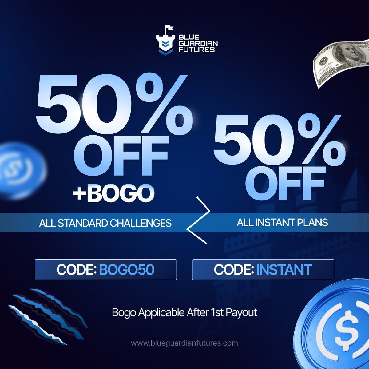 50% OFF + Buy 1 Get 1 Free promo for a limited time only! 💙

✅ No activation fees
✅ Weekly payouts with 100% profit split
✅ Instant Funding 50% OFF

Start trading now at 🔗checkout.blueguardianfutures.com/ref/437/
