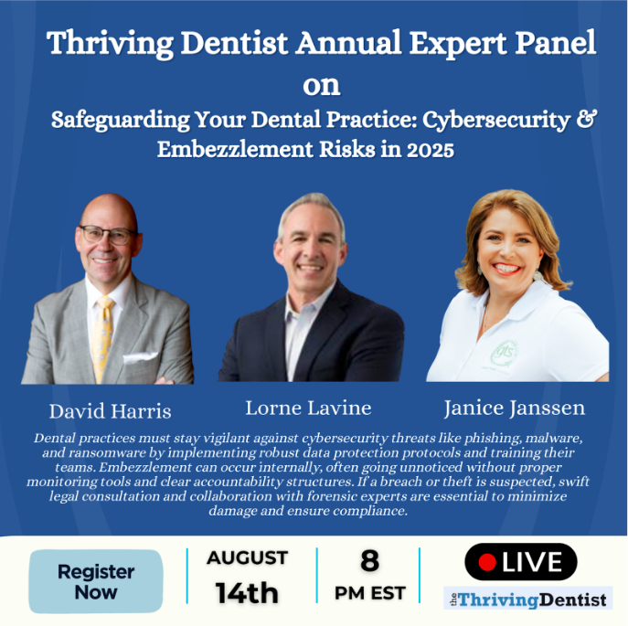 🛡️ Happening today! Join a free live panel at 8 PM EST to learn how to protect your dental practice from cyberattacks and embezzlement. Real-world tips from top experts.

👉 Register now: ow.ly/9ehk50WzmX7