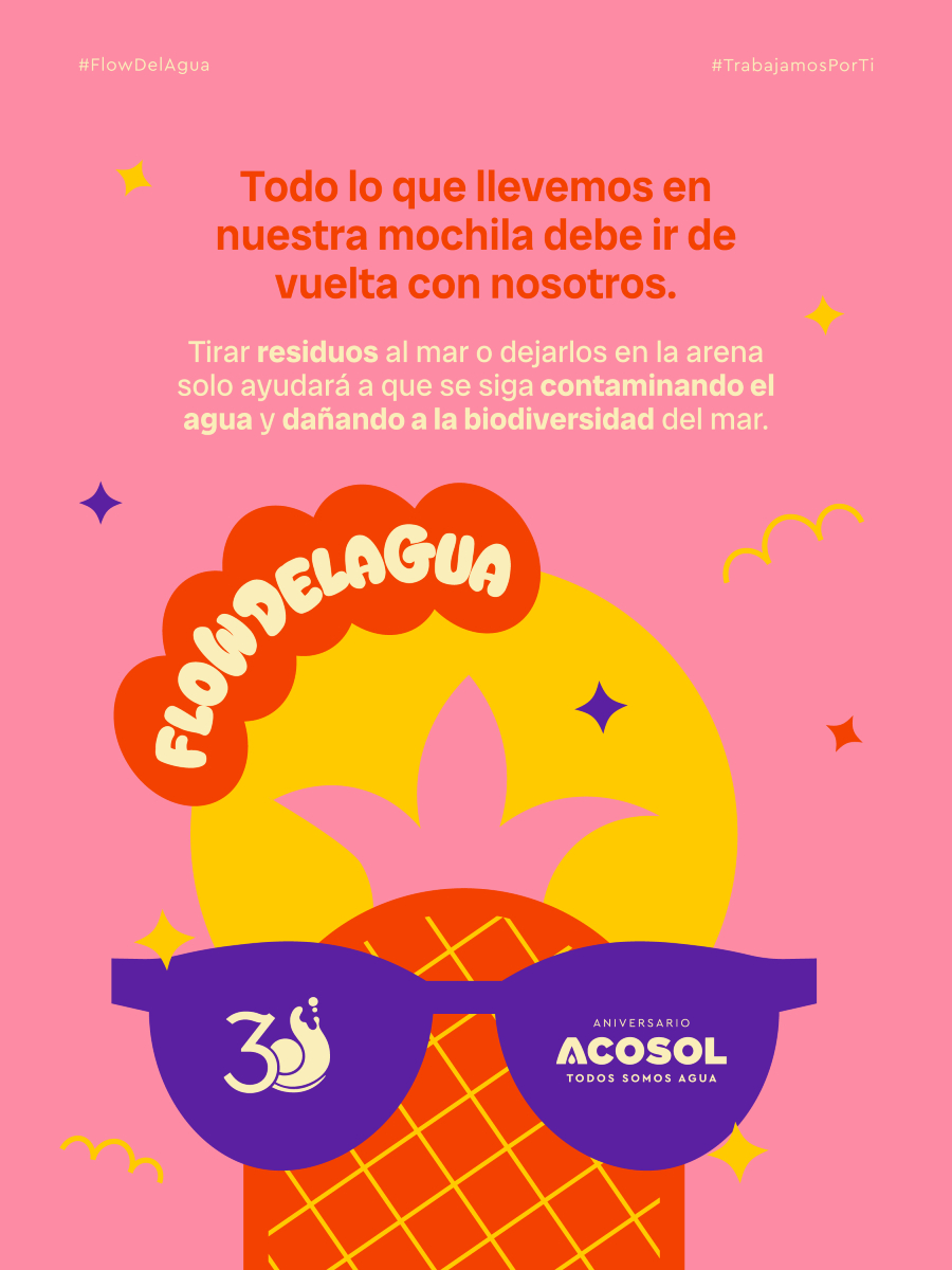 😎 Tu mochila se lleva tus recuerdos y también tus residuos 🍍

🎒♻️ No dejes que nada rompa el #FlowDelAgua en nuestras playas.

¡Protege la vida marina y el medio ambiente!