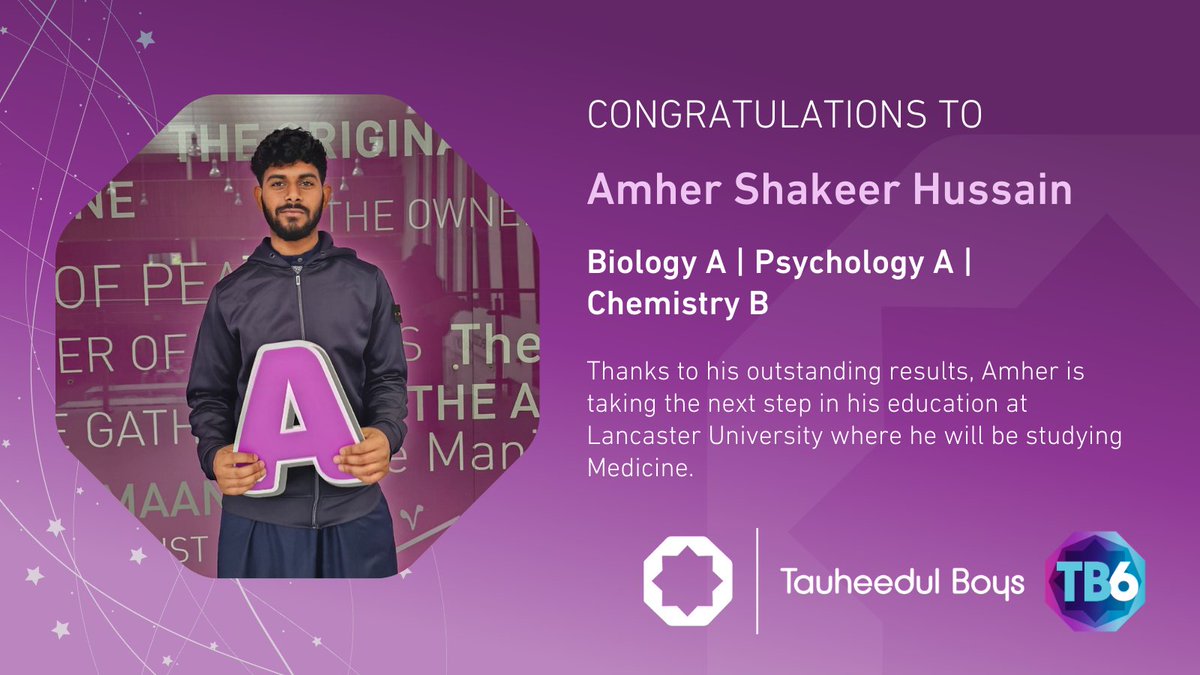 tauheedulboys's tweet image. A huge well done to TB6 student Amher Shakeer Hussain on achieving A in Biology, A in Psychology and B in Chemistry. He will be going on to study Medicine at @LancasterUni.

#TB6 #Alevels #ResultsDay #WeAreStar
@StarAcademies