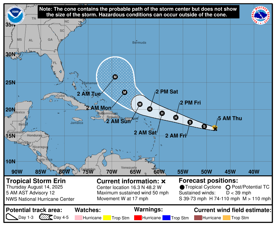 sfoens's tweet photo. The National Hurricane Center’s 3:00 am CDT advisory reports Tropical Storm Erin continuing its westerly track. Located 990 miles east of the northern Leeward Islands the storm is advancing at seventeen miles an hour, just a bit slower than yesterday's twenty miles per hour speed https://t.co/57TS7QhR5W